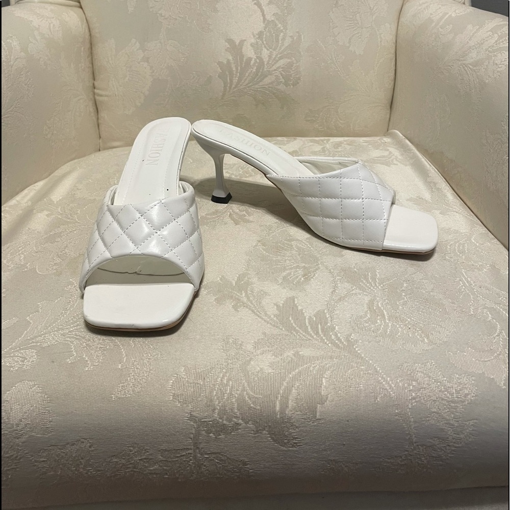 Square toe white mule heels